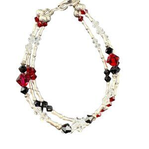 Sterling Silver & Crystal Beaded Bracelet With‎ Red Black & Clear Glass Accents